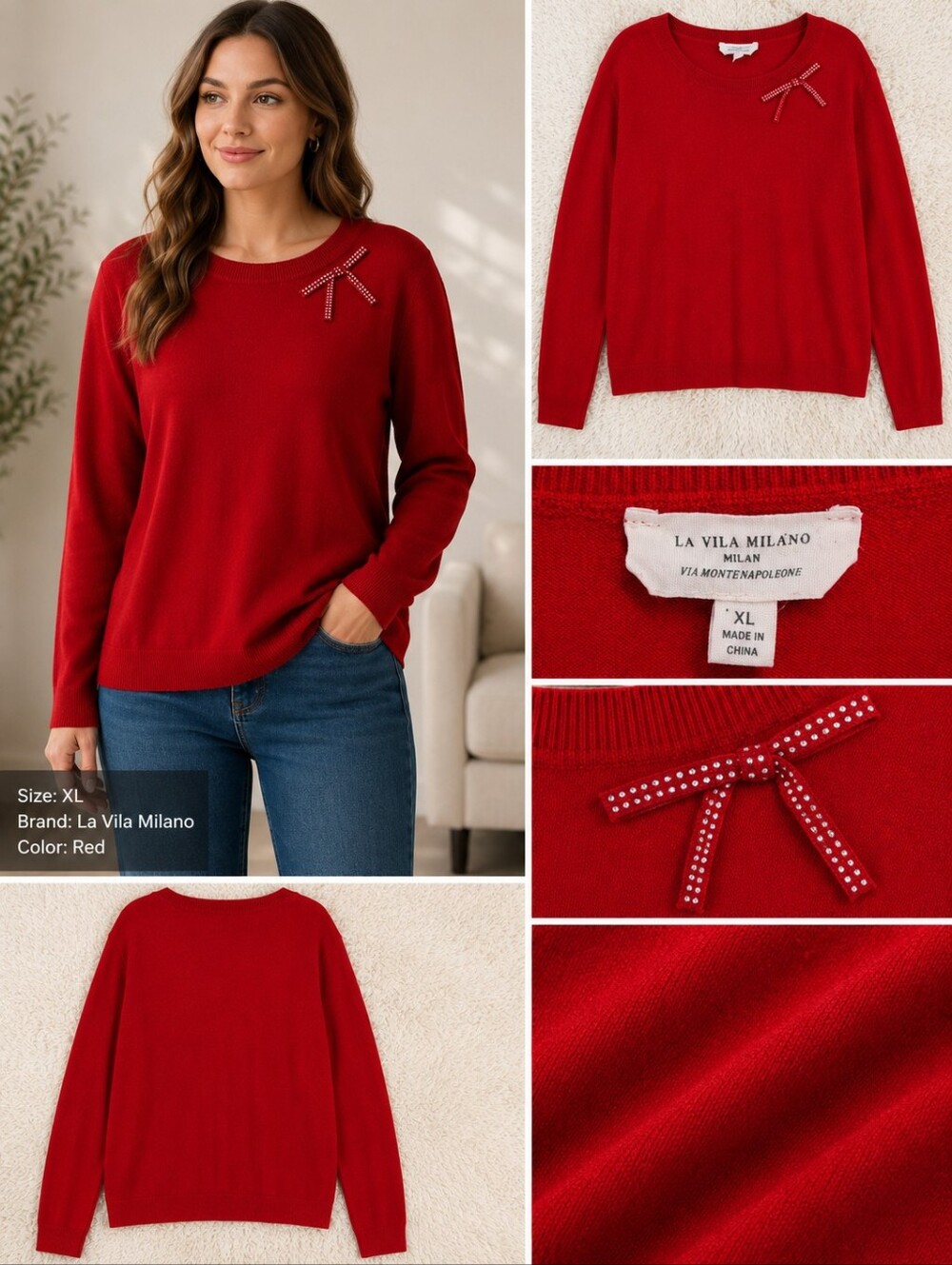 Women's Red Long-Sleeve Sweater with Decorative Bow